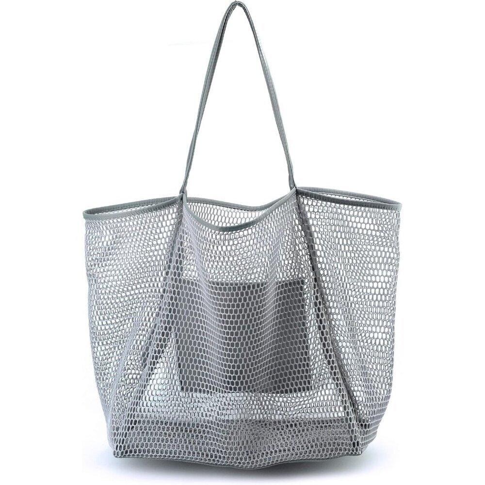 Women's Grey Mesh Beach Nylon & Polyester No-closure Tote Shoulder Handbag